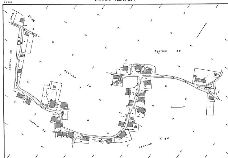 Plan cadastral, 1969, section AB, échelle 1 : 1000. © Yves Sancey / Région Bourgogne-Franche-Comté, Inventaire du patrimoine - 1985