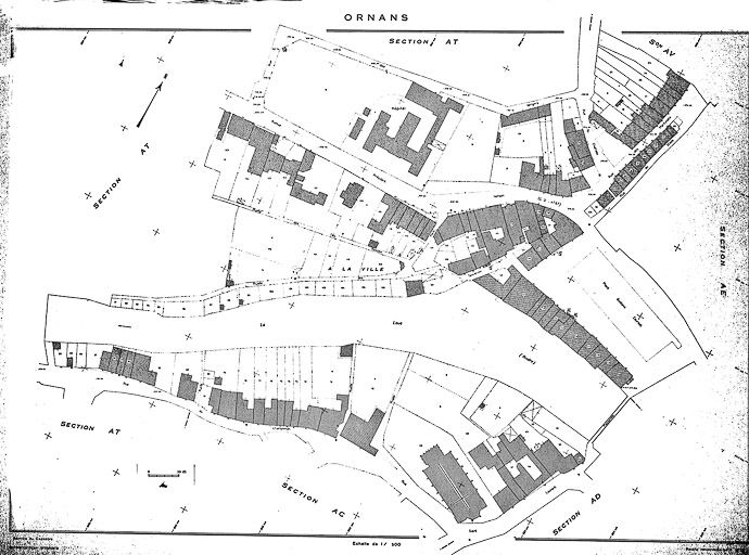 Plan cadastral, 1975, section AB, échelle 1 : 500. © Yves Sancey / Région Bourgogne-Franche-Comté, Inventaire du patrimoine - 1985