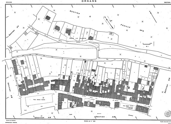 Plan cadastral, 1975, section AE, échelle 1 : 500. © Yves Sancey / Région Bourgogne-Franche-Comté, Inventaire du patrimoine - 1985