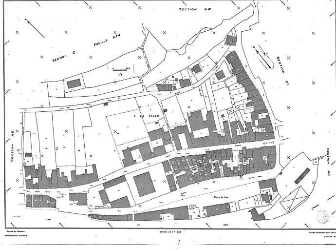 Plan cadastral, 1975, section AH, échelle 1 : 500. © Yves Sancey / Région Bourgogne-Franche-Comté, Inventaire du patrimoine - 1985