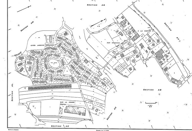 Plan cadastral, 1975, section AT, échelle 1 : 500. © Yves Sancey / Région Bourgogne-Franche-Comté, Inventaire du patrimoine - 1985