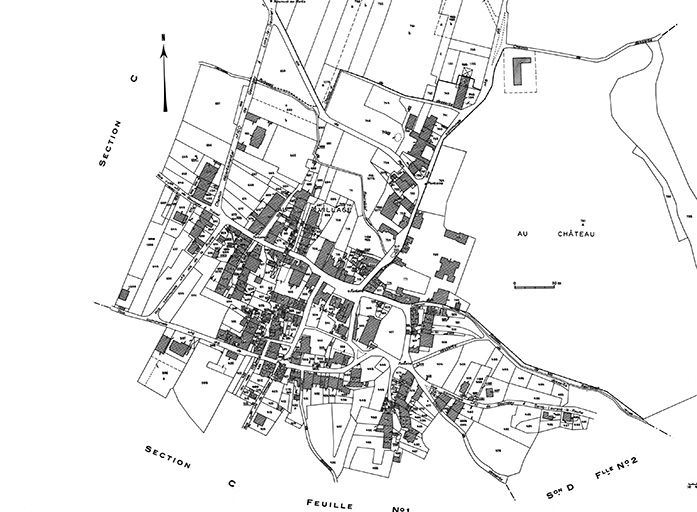 Cadastre avec position des maisons et des fermes repérées et sélectionnées. Cadastre de 1979, section C, 2e feuille. © Jérôme Mongreville / Région Bourgogne-Franche-Comté, Inventaire du patrimoine - 1985