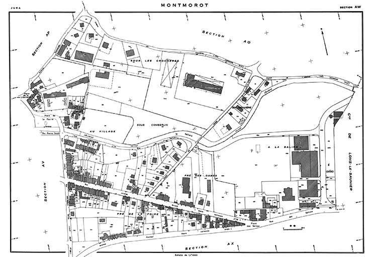 Cadastre avec position des oeuvres sélectionnées. Cadastre de 1980, section AW. © Jérôme Mongreville / Région Bourgogne-Franche-Comté, Inventaire du patrimoine - 1985