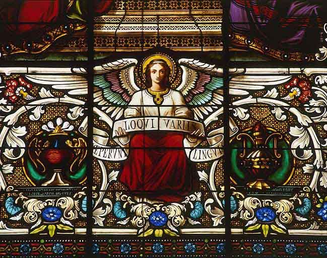 Baie 4 : la Pentecôte, détail de la partie inférieure. © Yves Sancey / Région Bourgogne-Franche-Comté, Inventaire du patrimoine - 1986