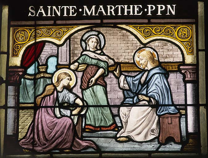 Baie 6, registre inférieur : Jésus chez Marthe et Marie. © Yves Sancey / Région Bourgogne-Franche-Comté, Inventaire du patrimoine - 1986
