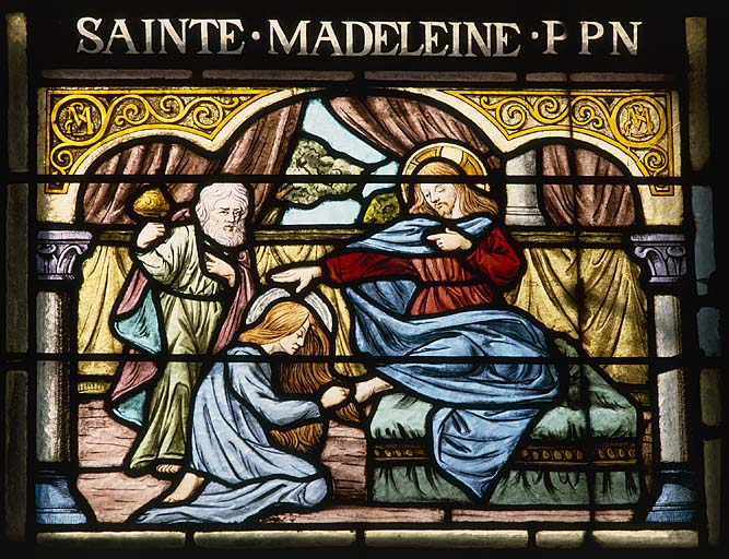 Baie 5, registre inférieur : sainte Marie-Madeleine aux pieds du Christ. © Yves Sancey / Région Bourgogne-Franche-Comté, Inventaire du patrimoine - 1986