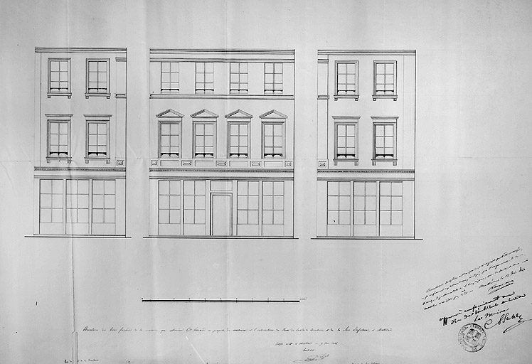 Elévation des trois façades..., 1845. © Jérôme Mongreville, Luc Wetzel / Région Bourgogne-Franche-Comté, Inventaire du patrimoine - 1986 Elévation des trois façades..., 1845. © Jérôme Mongreville, Luc Wetzel / Région Bourgogne-Franche-Comté, Inventaire du patrimoine - 1986
