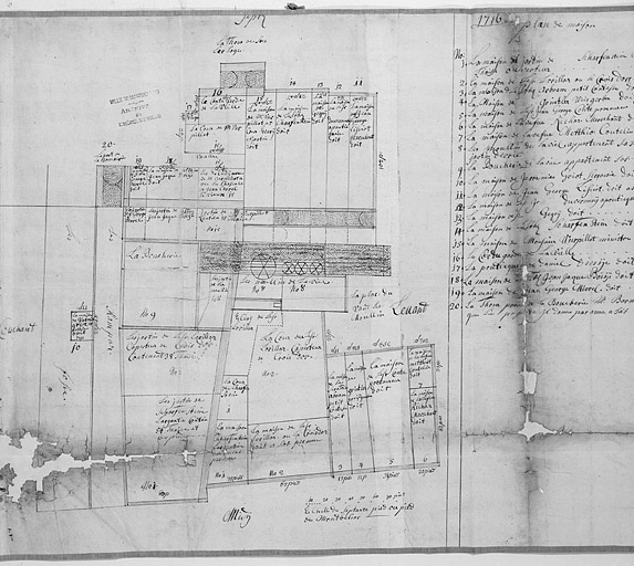 Plan parcellaire de 1715-1718. Détail de la feuille 6. © Yves Sancey / Région Bourgogne-Franche-Comté, Inventaire du patrimoine - 1987 Plan parcellaire de 1715-1718. Détail de la feuille 6. © Yves Sancey / Région Bourgogne-Franche-Comté, Inventaire du patrimoine - 1987