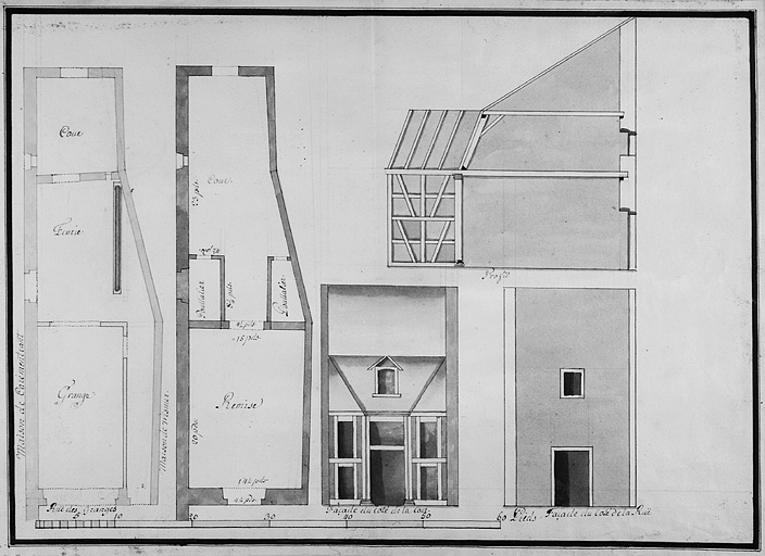 Plans, coupes et élévations des grange, remise, écurie et poulailler, 18e siècle. © Jérôme Mongreville / Région Bourgogne-Franche-Comté, Inventaire du patrimoine - 1987