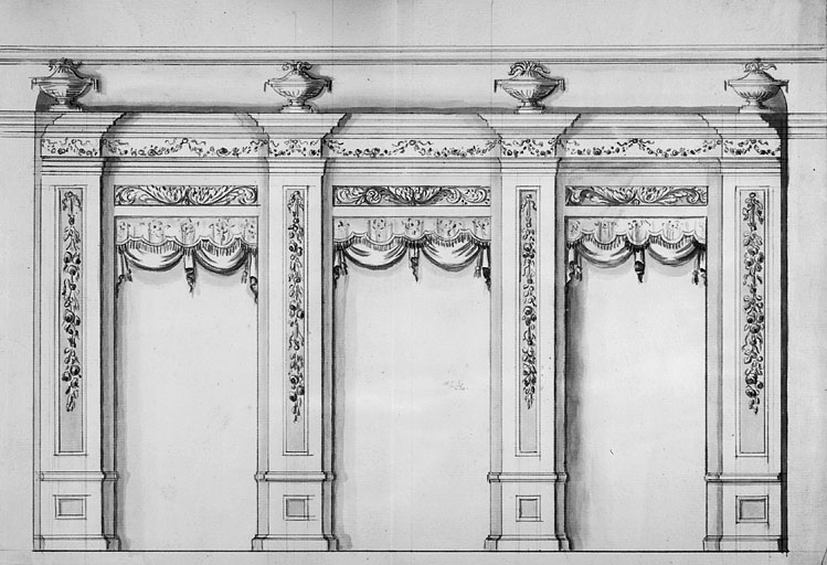 Projet de décors muraux pour la salle axiale du 1er étage, vers 1776-1777. © Jérôme Mongreville / Région Bourgogne-Franche-Comté, Inventaire du patrimoine - 1987