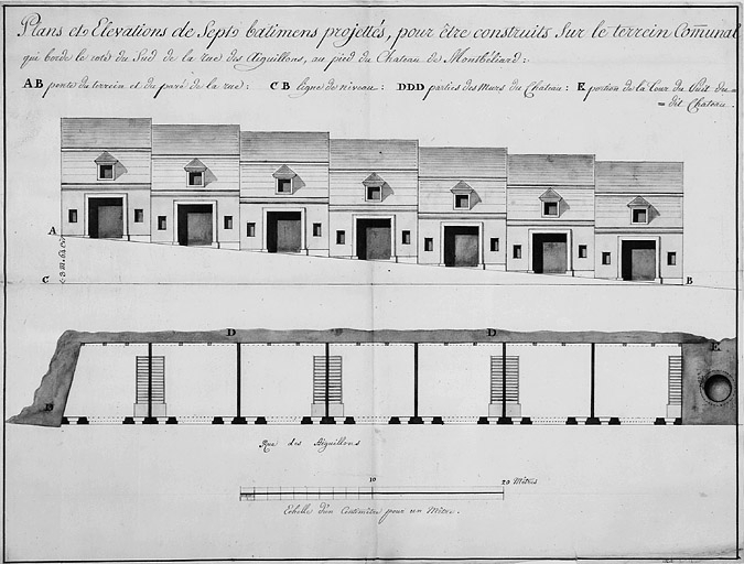 Plans et élévations de sept bâtimens projettés [... Rue du Château], fin 18e ou début 19e siècle. © Jérôme Mongreville / Région Bourgogne-Franche-Comté, Inventaire du patrimoine - 1987