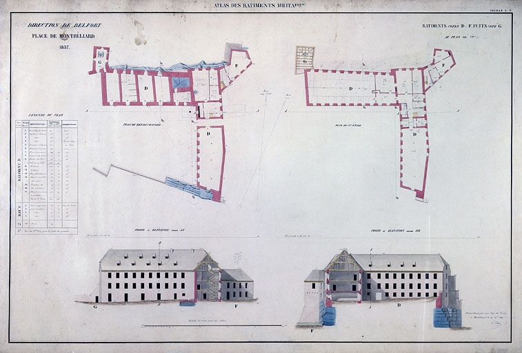 Atlas des Bâtiments militaires [...] Feuille 6 : Bâtiments D F, Puits coté G au plan général, 1837. © Jérôme Mongreville / Région Bourgogne-Franche-Comté, Inventaire du patrimoine - 1987