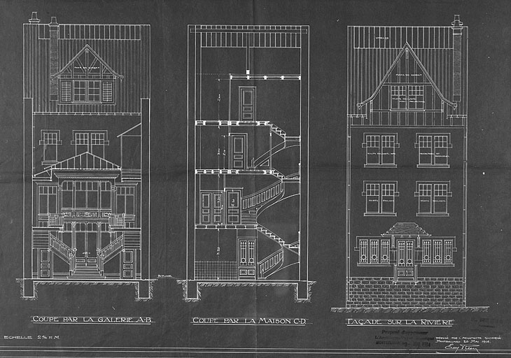 Projet d'agrandissement du magasin de Jules Jenn, rue Cuvier. Elévations et coupe transversale du deuxième corps de bâtiment, 1914. © Yves Sancey / Région Bourgogne-Franche-Comté, Inventaire du patrimoine - 1987