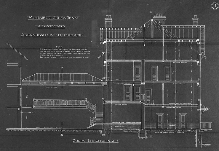 Projet d'agrandissement du magasin de Jules Jenn, rue Cuvier. Coupe longitudinale du deuxième corps de bâtiment, 1914. © Yves Sancey / Région Bourgogne-Franche-Comté, Inventaire du patrimoine - 1987