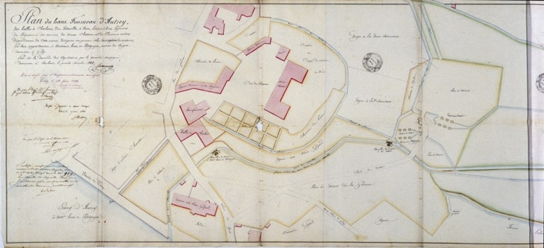 Plan du haut fourneau d'Autrey, des halles à charbon, d'un patouillet à roue [...] appartenant à messieurs Huot et Petitguyot maîtres de forges demeurant à Gray. © Yves Sancey, B. Besancenot / Région Bourgogne-Franche-Comté, Inventaire du patrimoine - 1987
