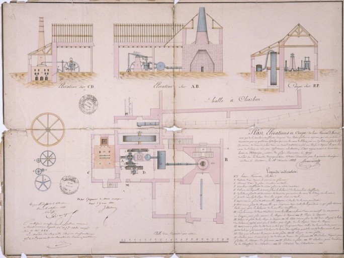 Plan, élévations et coupe du haut fourneau d'Autrey, ainsi que de la machine soufflante [...]. © Yves Sancey, B. Besancenot / Région Bourgogne-Franche-Comté, Inventaire du patrimoine - 1987