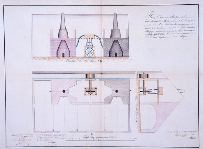 Plan, coupe et élévation de l'ancien haut fourneau de Blé [...]. © Yves Sancey / Région Bourgogne-Franche-Comté, Inventaire du patrimoine - 1987