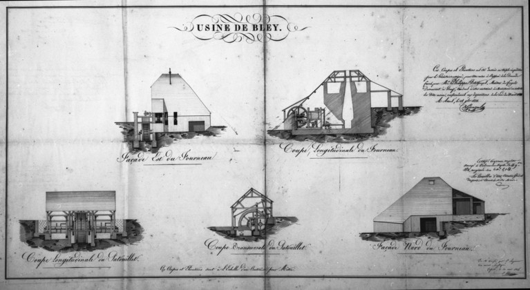 Usine de Bley [coupes et élévations du fourneau et du patouillet]. © Yves Sancey / Région Bourgogne-Franche-Comté, Inventaire du patrimoine - 1987