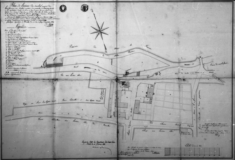 Plan de l'usine du Crochot composée d'un haut fourneau avec soufflerie à pistons, d'un patouillet, de bâtiments servant à son exploitation [...]. © Yves Sancey, Guyet / Région Bourgogne-Franche-Comté, Inventaire du patrimoine - 1987