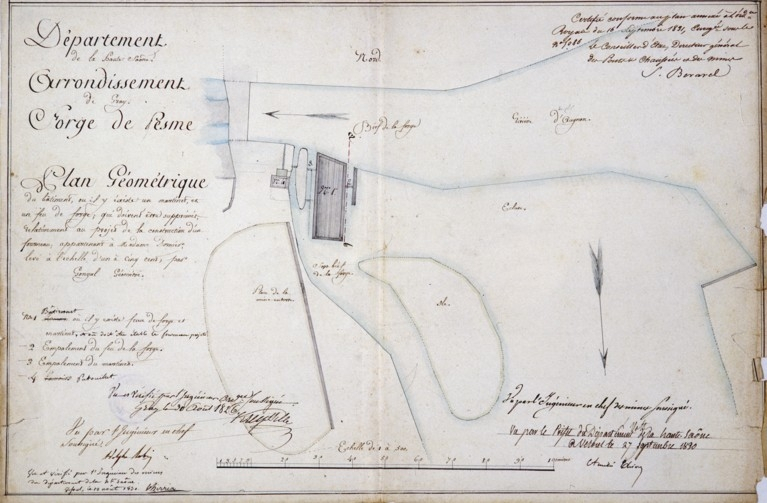 Plan géométrique du bâtiment où il existe un martinet et un feu de forge qui doivent être supprimés. © Jérôme Mongreville / Région Bourgogne-Franche-Comté, Inventaire du patrimoine - 1987
