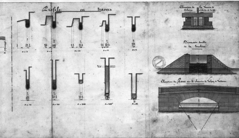 Usine de Mr Tinseau. Instruction des réclamations formulées par la commune de Valay contre la retenue du haut fourneau de Valay, [profil en travers et ouvrages d'art]. © Jérôme Mongreville / Région Bourgogne-Franche-Comté, Inventaire du patrimoine - 1987
