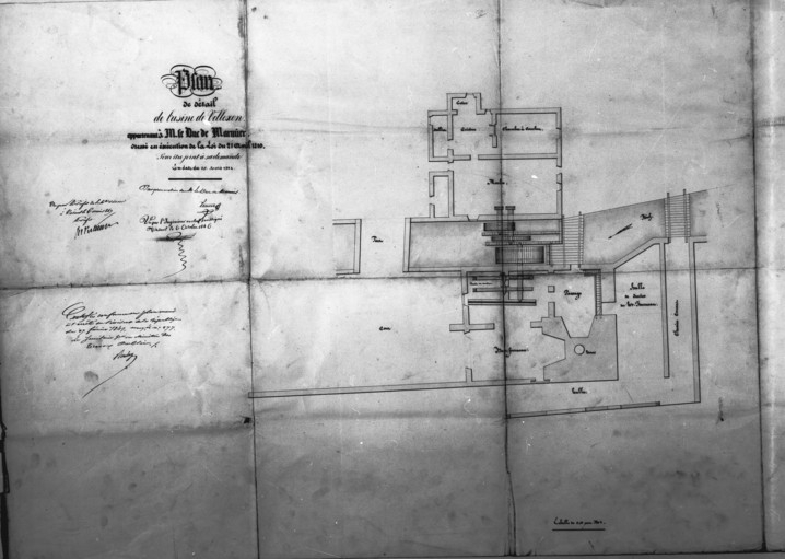 Plan de l'usine de Vellexon et des dépendances appartenant à Mr le Duc de Marmier [Plan-masse du haut fourneau]. © Yves Sancey / Région Bourgogne-Franche-Comté, Inventaire du patrimoine - 1987