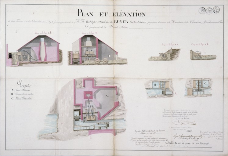 Plan et élévation du haut fourneau et de deux patouillets situés à Vy-le-Ferroux appartenant à MM. Rodolphe et Stanislas de Buyer [...]. © Yves Sancey / Région Bourgogne-Franche-Comté, Inventaire du patrimoine - 1987
