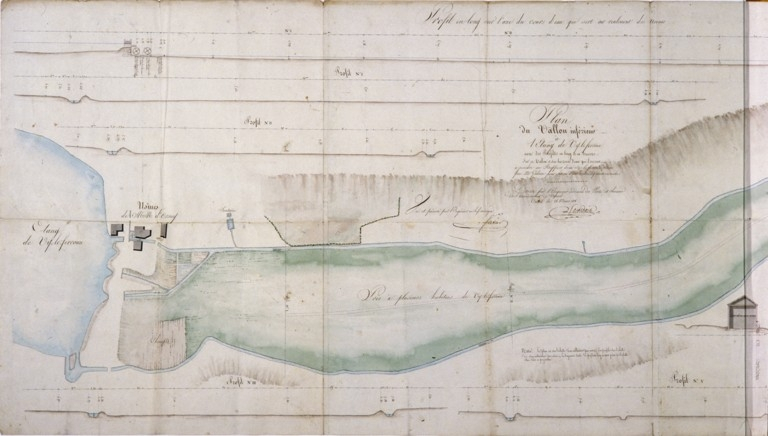 Plan du vallon inférieur à l'étang de Vy-le-Ferroux avec des profils en long et en travers [...] [partie nord]. © Yves Sancey, Jean Auguste Philibert Alexandre dit Philippe Lacordaire / Région Bourgogne-Franche-Comté, Inventaire du patrimoine - 1987
