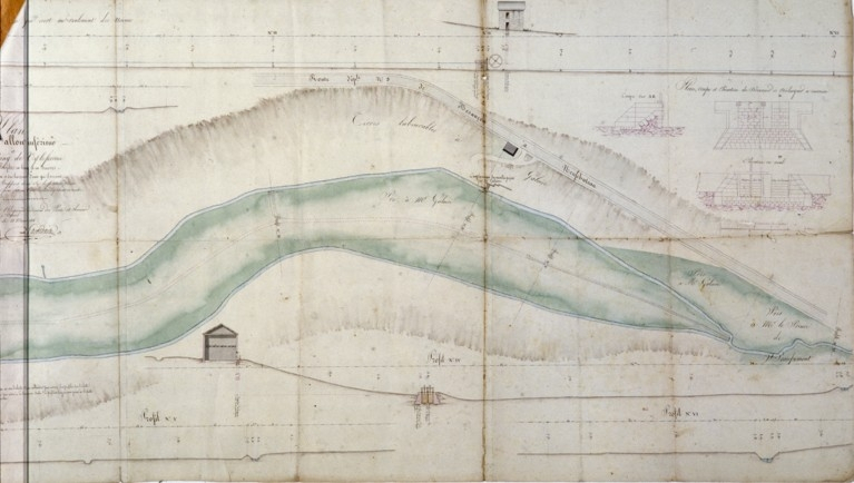 Plan du vallon inférieur à l'étang de Vy-le-Ferroux avec des profils en long et en travers [...] [partie sud]. © Yves Sancey, Jean Auguste Philibert Alexandre dit Philippe Lacordaire / Région Bourgogne-Franche-Comté, Inventaire du patrimoine - 1987