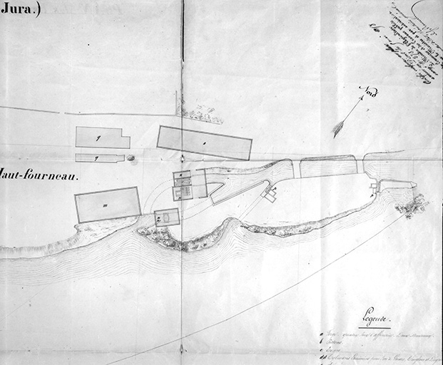 Plan des usines établies sur le Doubs, à Fraisans (Jura) [détail de la Forge Neuve]. © Yves Sancey / Région Bourgogne-Franche-Comté, Inventaire du patrimoine - 1988