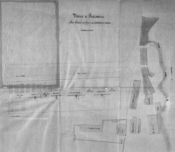 Usine de Fraisans. Plan général de la forge et des habitations voisines. © Yves Sancey / Région Bourgogne-Franche-Comté, Inventaire du patrimoine - 1988 Usine de Fraisans. Plan général de la forge et des habitations voisines. © Yves Sancey / Région Bourgogne-Franche-Comté, Inventaire du patrimoine - 1988