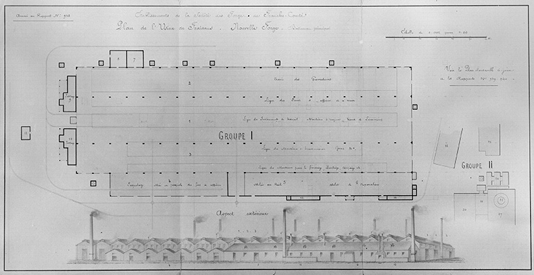 Etablissements de la Société des Forges de Franche-Comté. Plan de l'Usine de Fraisans. Nouvelle Forge. Bâtiment principal. © Yves Sancey / Région Bourgogne-Franche-Comté, Inventaire du patrimoine - 1988 Etablissements de la Société des Forges de Franche-Comté. Plan de l'Usine de Fraisans. Nouvelle Forge. Bâtiment principal. © Yves Sancey / Région Bourgogne-Franche-Comté, Inventaire du patrimoine - 1988