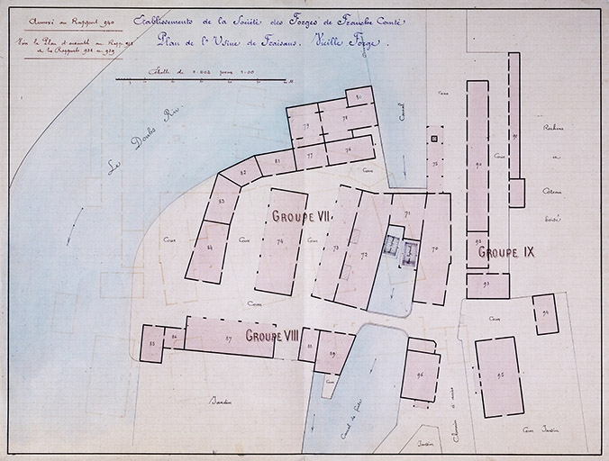 Etablissements de la Société des Forges de Franche-Comté. Plan de l'Usine de Fraisans. Vieille Forge. © Yves Sancey / Région Bourgogne-Franche-Comté, Inventaire du patrimoine - 1988 Etablissements de la Société des Forges de Franche-Comté. Plan de l'Usine de Fraisans. Vieille Forge. © Yves Sancey / Région Bourgogne-Franche-Comté, Inventaire du patrimoine - 1988