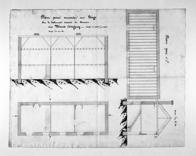Plan pour remonter un étage sur le bâtiment servant de bureau aux mines d'Ougney. © Yves Sancey / Région Bourgogne-Franche-Comté, Inventaire du patrimoine - 1988