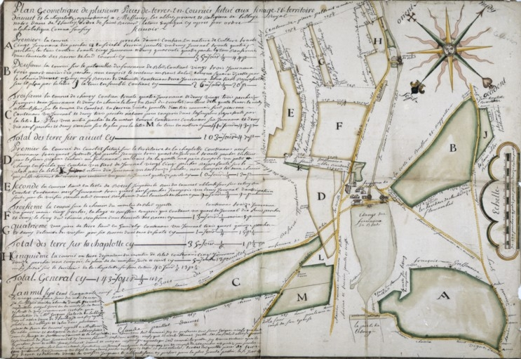 Plan géométrique de plusieurs pièces de terre [...] [plan d'ensemble]. © Yves Sancey / Région Bourgogne-Franche-Comté, Inventaire du patrimoine - 1988