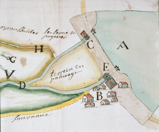 Plan figuré du ruisseaux du fournaux et moulin de Bled [...] [le haut fourneau]. © Yves Sancey / Région Bourgogne-Franche-Comté, Inventaire du patrimoine - 1988
