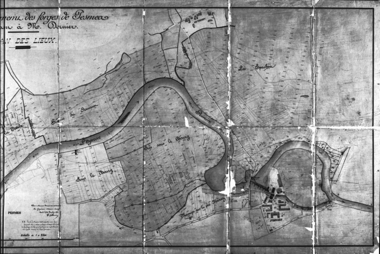 Projet de règlement des forges de Pesmes appartenant à M. Dornier. Plan des lieux [partie droite]. © Jérôme Mongreville / Région Bourgogne-Franche-Comté, Inventaire du patrimoine - 1988