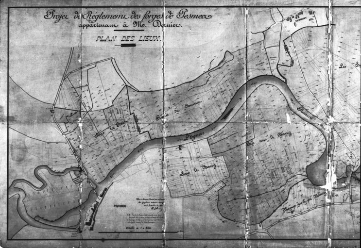 Projet de règlement des forges de Pesmes appartenant à M. Dornier. Plan des lieux [partie gauche]. © Jérôme Mongreville / Région Bourgogne-Franche-Comté, Inventaire du patrimoine - 1988
