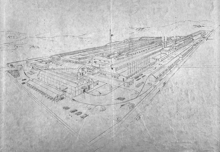 Vue cavalière de l'usine. © Yves Sancey / Région Bourgogne-Franche-Comté, Inventaire du patrimoine - 1989 Vue cavalière de l'usine. © Yves Sancey / Région Bourgogne-Franche-Comté, Inventaire du patrimoine - 1989