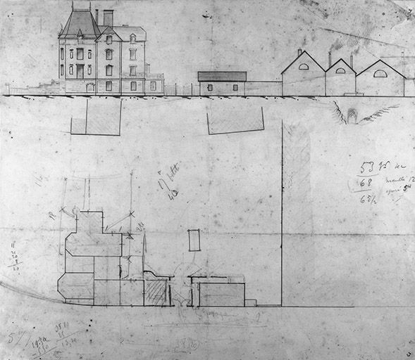 Projet d'extension du logement patronal (A) : plan et élévation latérale droite. © Jérôme Mongreville / Région Bourgogne-Franche-Comté, Inventaire du patrimoine - 1989 Projet d'extension du logement patronal (A) : plan et élévation latérale droite. © Jérôme Mongreville / Région Bourgogne-Franche-Comté, Inventaire du patrimoine - 1989