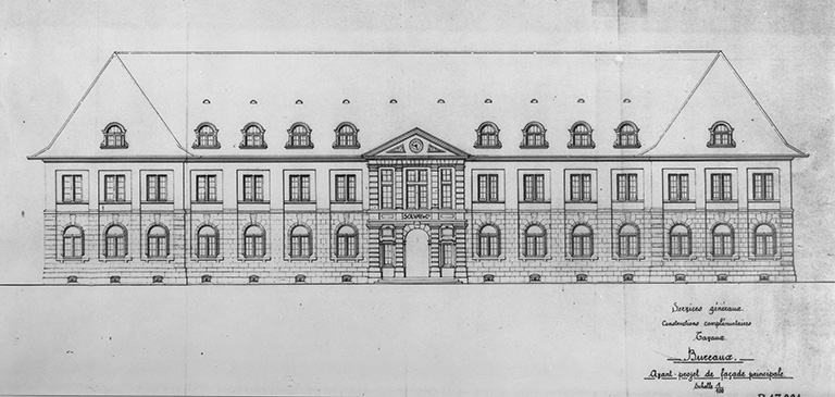 Bureaux. Avant-projet de la façade principale. B.17 001. © Jérôme Mongreville / Région Bourgogne-Franche-Comté, Inventaire du patrimoine - 1989 Bureaux. Avant-projet de la façade principale. B.17 001. © Jérôme Mongreville / Région Bourgogne-Franche-Comté, Inventaire du patrimoine - 1989