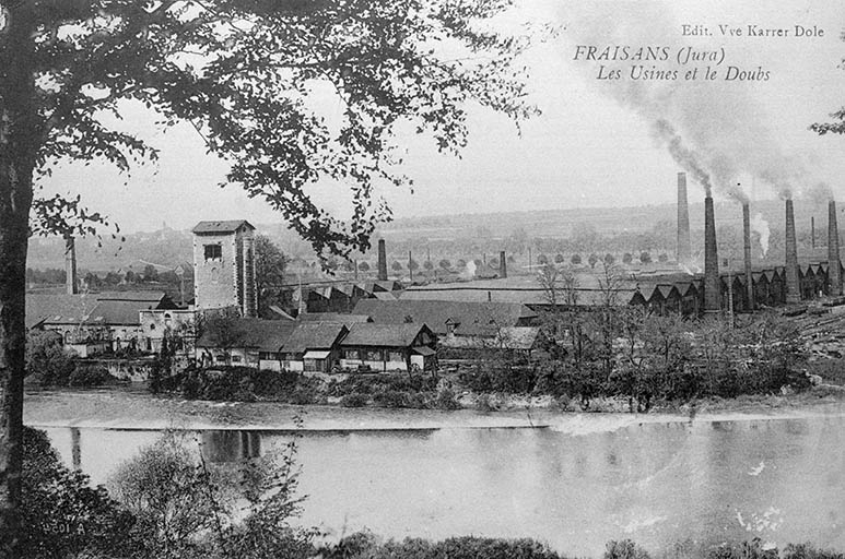 Fraisans (Jura). Les Usines et le Doubs vus de l'est. © Laurent  Poupard (reproduction) / Région Bourgogne-Franche-Comté, Inventaire du patrimoine - 1989 Fraisans (Jura). Les Usines et le Doubs vus de l'est. © Laurent  Poupard (reproduction) / Région Bourgogne-Franche-Comté, Inventaire du patrimoine - 1989