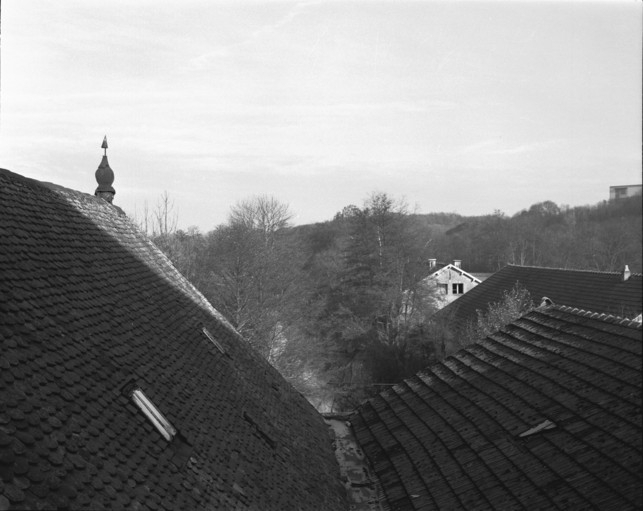 Vue depuis le toit de la salle des machines en 1989. © Yves Sancey / Région Bourgogne-Franche-Comté, Inventaire du patrimoine - 1989