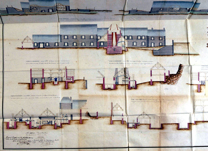 Coupe en long de l'atelier des laminoirs en 1821. © Jérôme Mongreville, Roland / Région Bourgogne-Franche-Comté, Inventaire du patrimoine - 1990