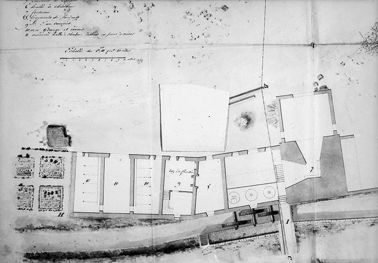 Bâtiment du haut-fourneau en 1827 : plan au rez-de-chaussée (retombe levée). © Yves Sancey / Région Bourgogne-Franche-Comté, Inventaire du patrimoine - 1990 Bâtiment du haut-fourneau en 1827 : plan au rez-de-chaussée (retombe levée). © Yves Sancey / Région Bourgogne-Franche-Comté, Inventaire du patrimoine - 1990