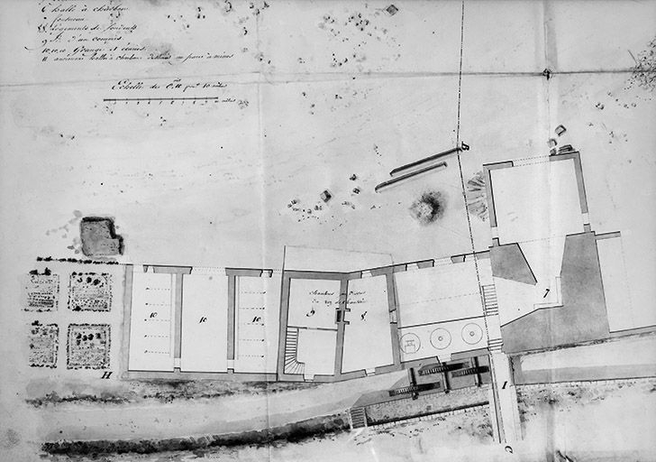 Bâtiment du haut-fourneau en 1827 : plan à l'étage (retombe baissée). © Yves Sancey / Région Bourgogne-Franche-Comté, Inventaire du patrimoine - 1990 Bâtiment du haut-fourneau en 1827 : plan à l'étage (retombe baissée). © Yves Sancey / Région Bourgogne-Franche-Comté, Inventaire du patrimoine - 1990