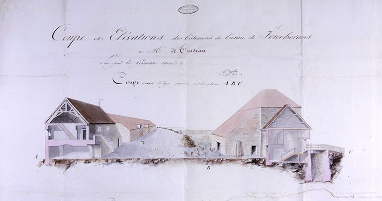 Logement patronal (B) et bâtiment du haut-fourneau en 1827 : coupe transversale. © Yves Sancey / Région Bourgogne-Franche-Comté, Inventaire du patrimoine - 1990 Logement patronal (B) et bâtiment du haut-fourneau en 1827 : coupe transversale. © Yves Sancey / Région Bourgogne-Franche-Comté, Inventaire du patrimoine - 1990