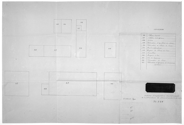 Schéma d'implantation des bâtiments de la fabrication de chlore et produits dérivés. Ta.326. © Yves Sancey / Région Bourgogne-Franche-Comté, Inventaire du patrimoine - 1990 Schéma d'implantation des bâtiments de la fabrication de chlore et produits dérivés. Ta.326. © Yves Sancey / Région Bourgogne-Franche-Comté, Inventaire du patrimoine - 1990