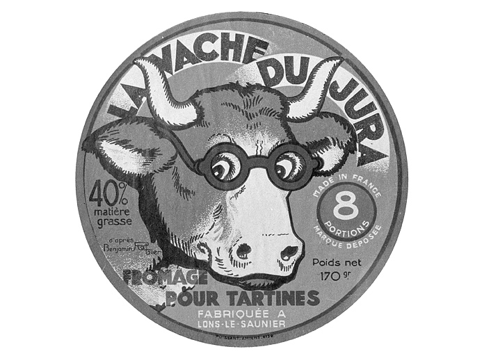 [Etiquette de boîte de crème de gruyère La Vache du Jura]. © Laurent Poupard / Région Bourgogne-Franche-Comté, Inventaire du patrimoine - 1990