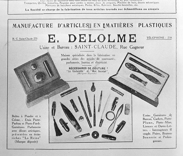 [Publicité pour la] Manufacture d'articles en matières plastiques E. Delolme, milieu des années 1920. © Jérôme  Mongreville (reproduction) / Région Bourgogne-Franche-Comté, Inventaire du patrimoine - 1990